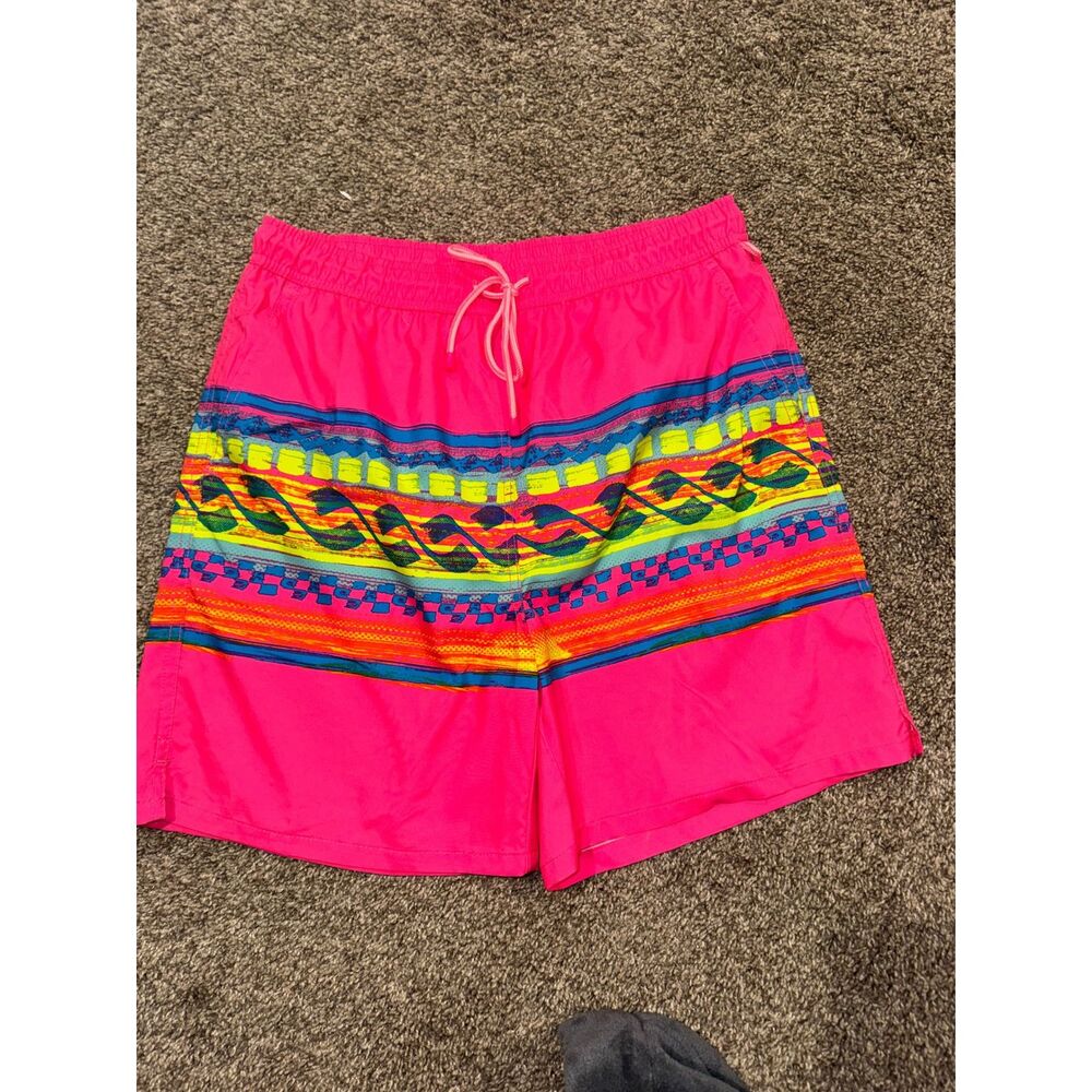 US Apparel Mens Neon Pink Retro Geometric Wave Print Swim Trunks Size L